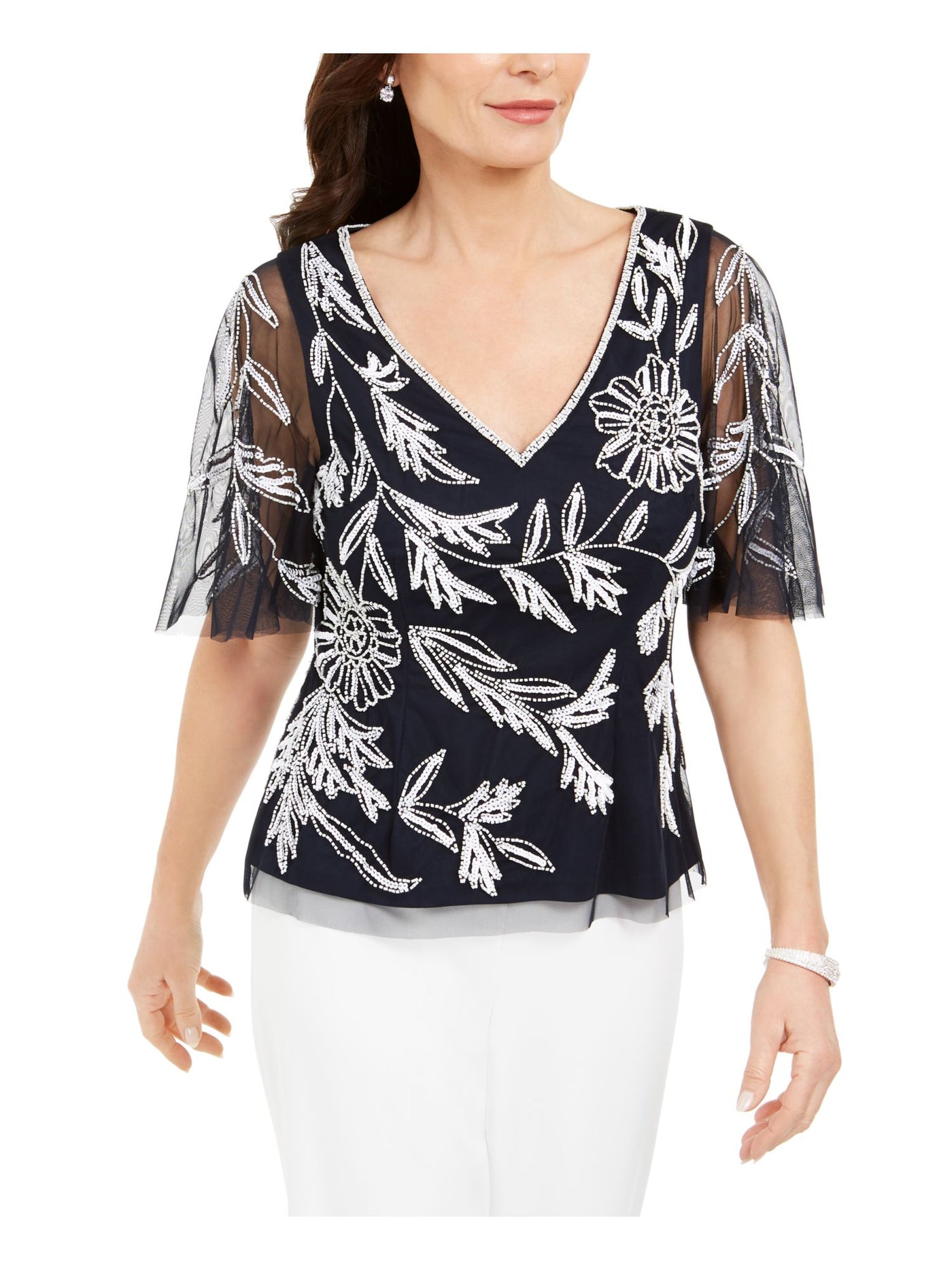 ADRIANNA PAPELL Womens Embellished Mesh Flutter V Neck Blouse