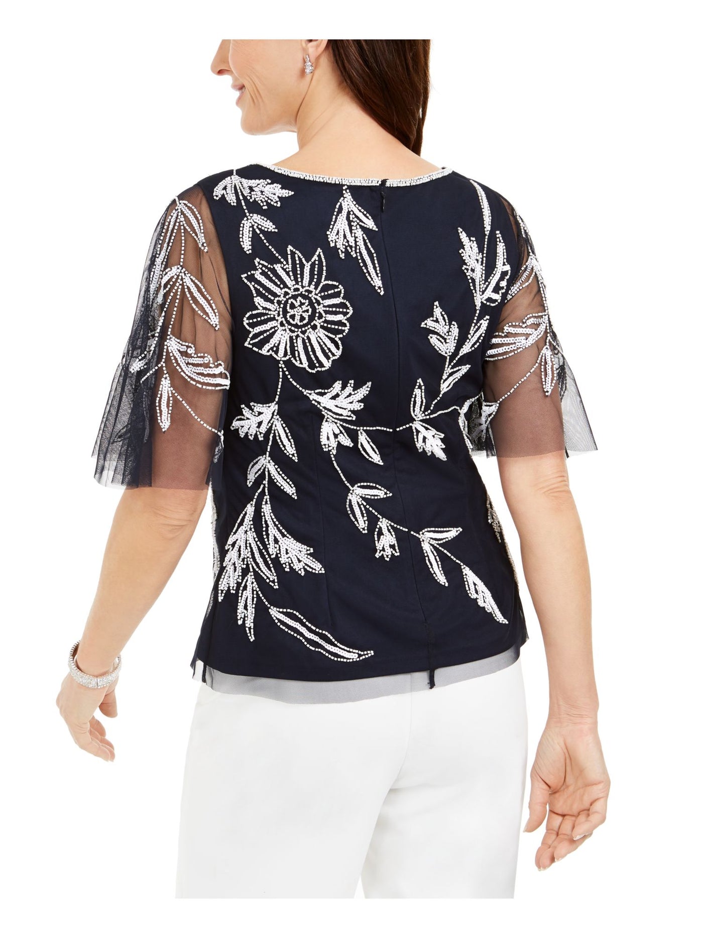 ADRIANNA PAPELL Womens Navy Embellished Mesh Flutter V Neck Blouse 2