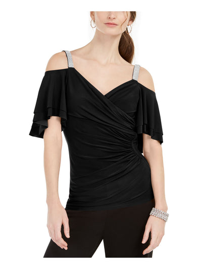 MSK Womens Embellished Cold Shoulder Flutter Sleeve V Neck Evening Top