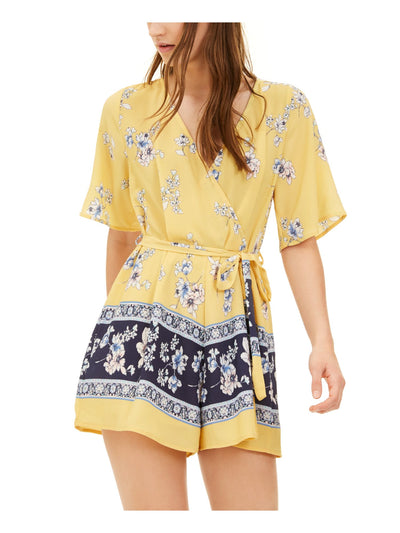 TRIXXI Womens Yellow Tie Printed Kimono Sleeve Surplice Neckline Wide Leg Romper XXS