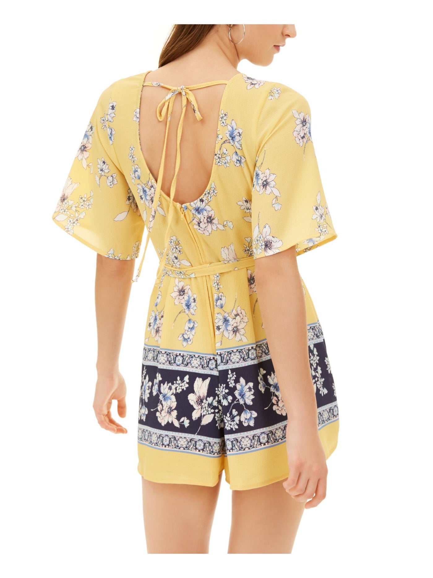 TRIXXI Womens Yellow Tie Printed Kimono Sleeve Surplice Neckline Wide Leg Romper XXS