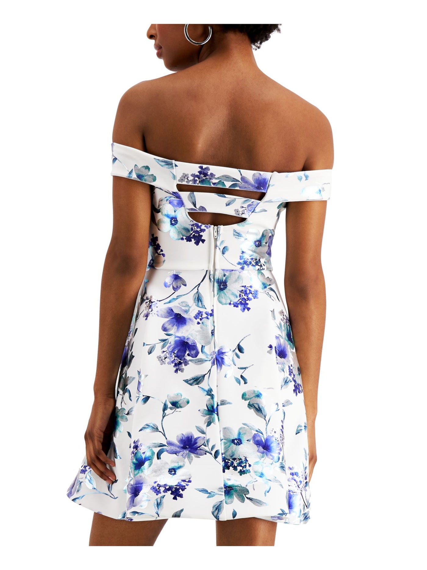 CRYSTAL DOLLS Womens White Zippered Floral Cap Sleeve Off Shoulder Short Party Fit + Flare Dress 1