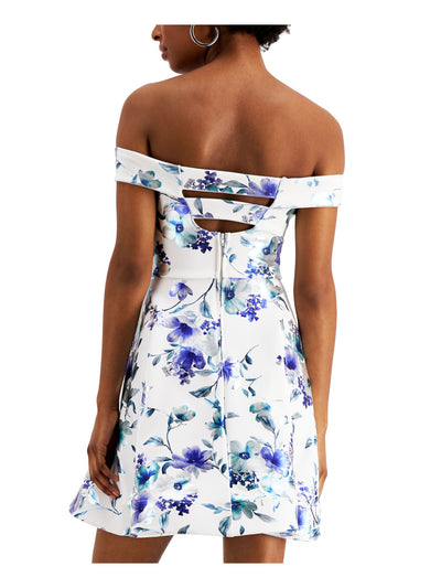 CRYSTAL DOLLS Womens White Zippered Floral Cap Sleeve Off Shoulder Short Party Fit + Flare Dress 1