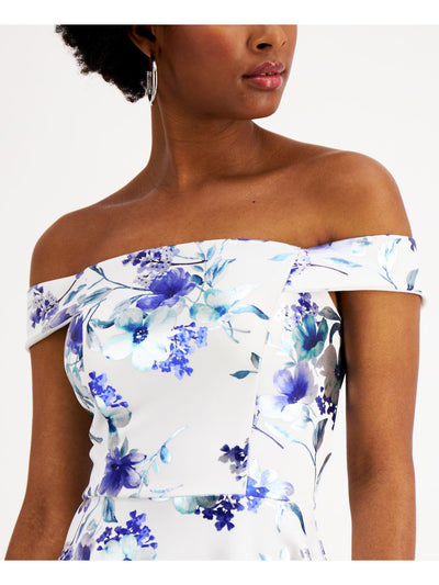 CRYSTAL DOLLS Womens White Zippered Floral Cap Sleeve Off Shoulder Short Party Fit + Flare Dress 15
