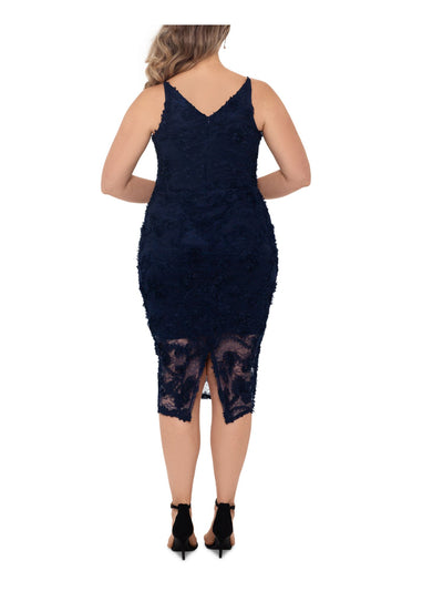 XSCAPE Womens Navy Zippered Lace Spaghetti Strap V Neck Below The Knee Evening Sheath Dress Plus 22W