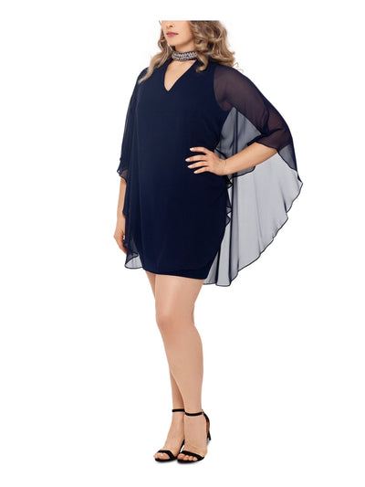 XSCAPE Womens Navy Stretch Embellished Sheer Cape Overlay 3/4 Sleeve Keyhole Short Formal Sheath Dress Plus 14W