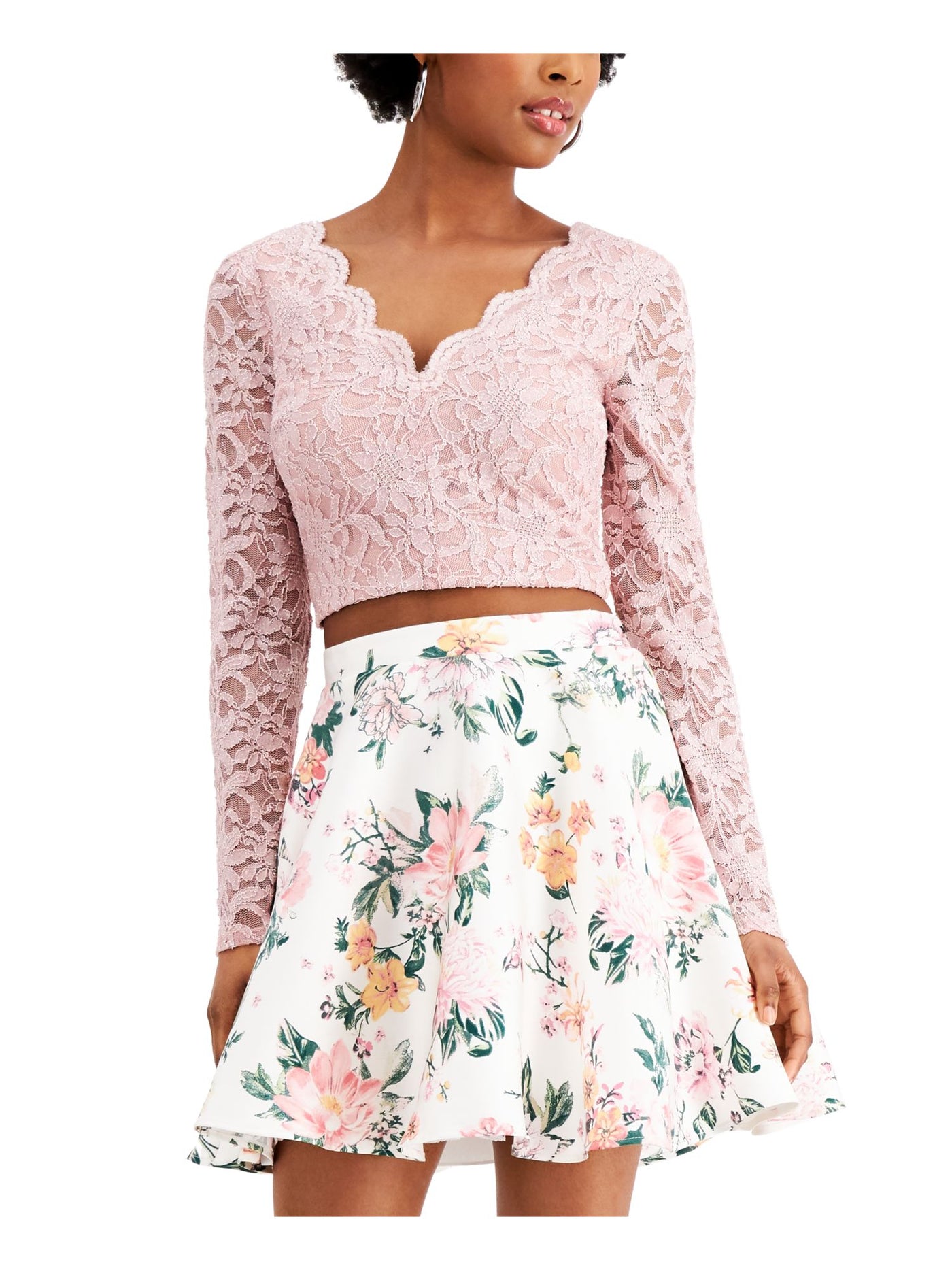 CITY STUDIO Womens Pink Zippered Low Cut Lace Deep-v At Back Floral Long Sleeve Evening Crop Top 11