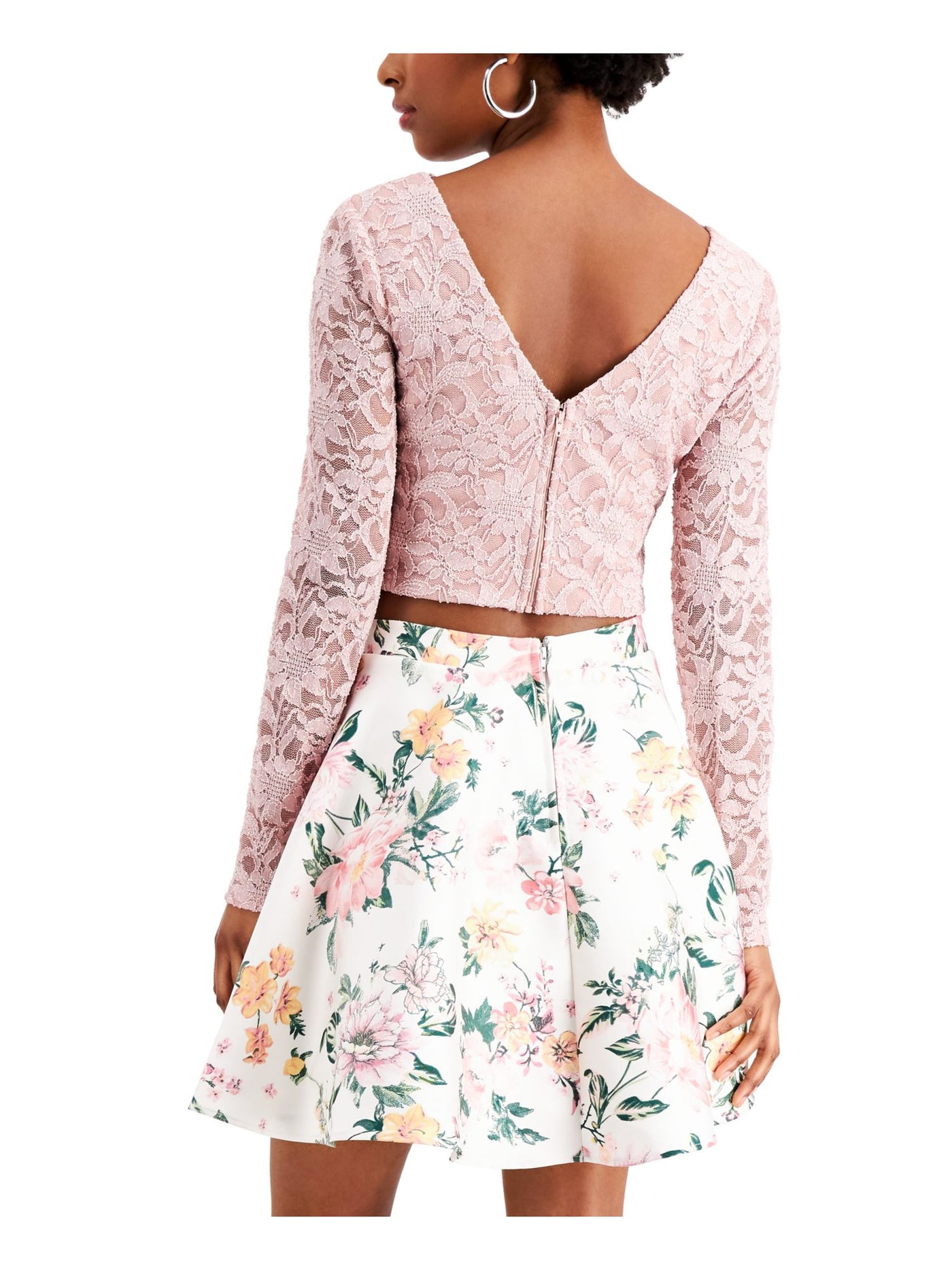 CITY STUDIO Womens Pink Zippered Low Cut Lace Deep-v At Back Floral Long Sleeve Evening Crop Top 11