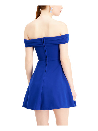 CITY STUDIO Womens Blue Pocketed Pleated Skater Sleeveless Off Shoulder Short Cocktail Fit + Flare Dress Juniors 15