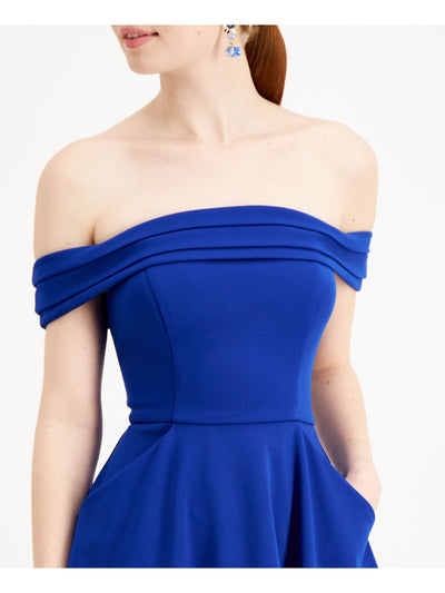 CITY STUDIO Womens Blue Pocketed Pleated Skater Sleeveless Off Shoulder Short Cocktail Fit + Flare Dress Juniors 15