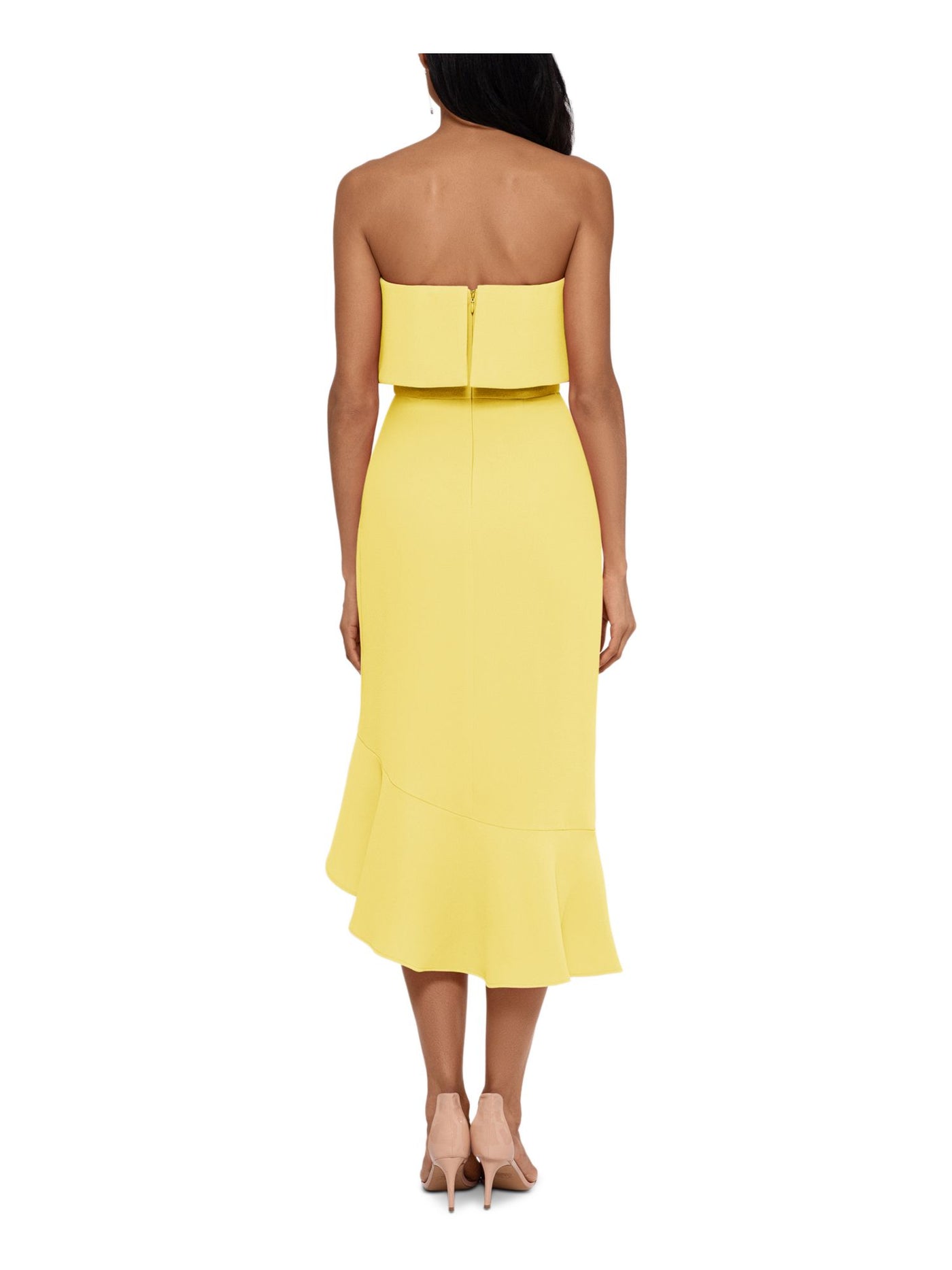 XSCAPE Womens Yellow Ruffled Zippered Mermaid-style Hi-lo Hem Sleeveless Sweetheart Neckline Midi Party Fit + Flare Dress Petites 2P