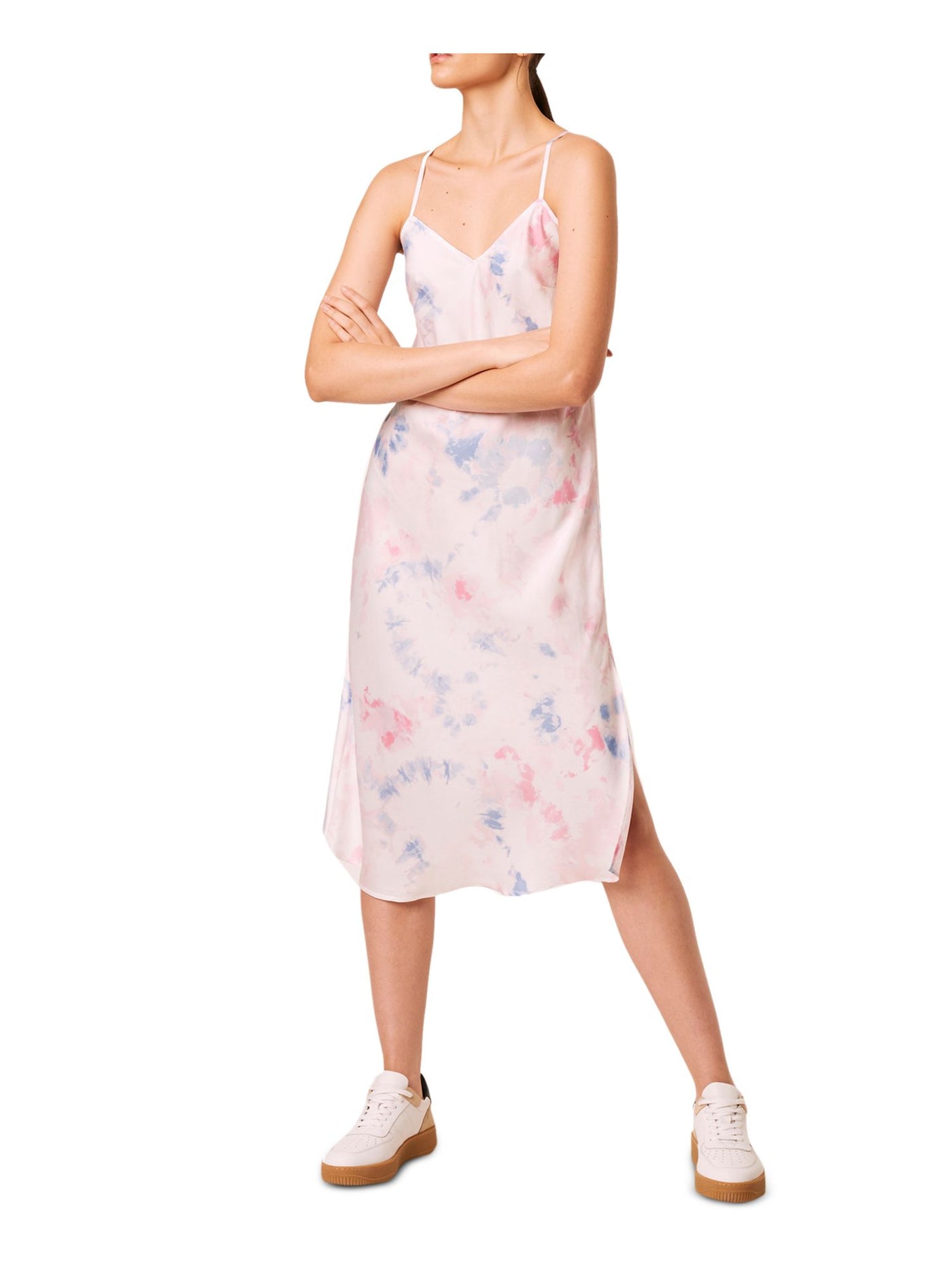 FRENCH CONNECTION Womens Pink Slitted  Silk Acid Wash Spaghetti Strap V Neck Below The Knee Shift Dress 8