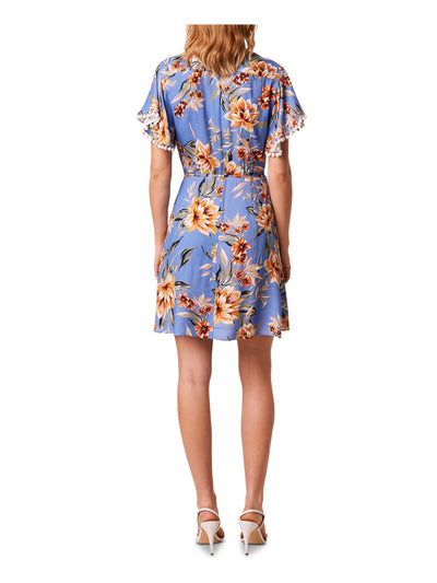 FRENCH CONNECTION Womens Blue Embellished Sleeves Floral Short Sleeve V Neck Short Fit + Flare Dress 4