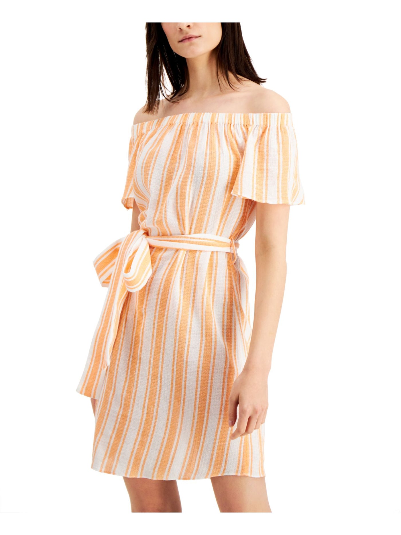 MICHAEL MICHAEL KORS Womens Orange Textured Belted Pullover Lined Striped Flutter Sleeve Off Shoulder Above The Knee Sheath Dress Petites P\S