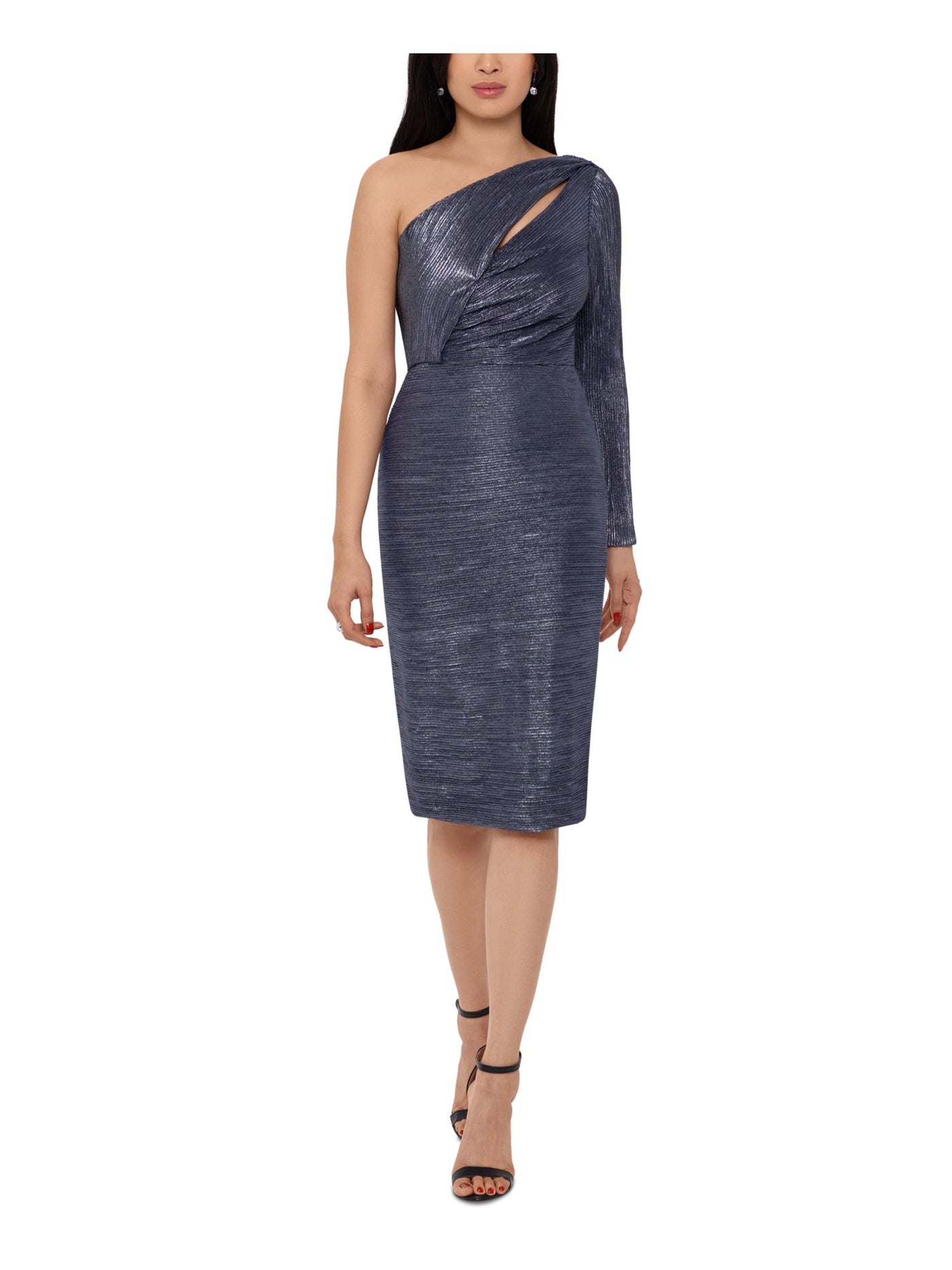 BETSY & ADAM Womens Glitter Cold Shoulder Swoop Long Sleeve Asymmetrical Neckline Below The Knee Evening Sheath Dress