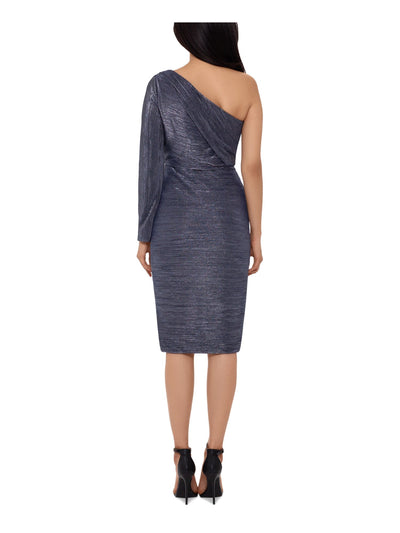 BETSY & ADAM Womens Glitter Cold Shoulder Swoop Long Sleeve Asymmetrical Neckline Below The Knee Evening Sheath Dress