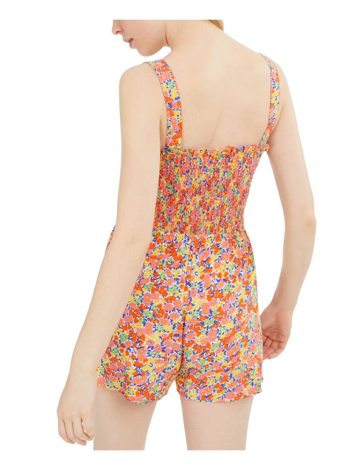 BEBOP Womens Orange Floral Sleeveless Square Neck Straight leg Romper XXS