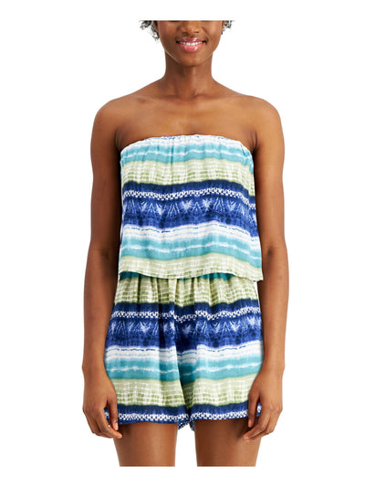 BEBOP Womens Blue Pocketed Popover Bodice; Ruched Waistline Printed Strapless Romper S