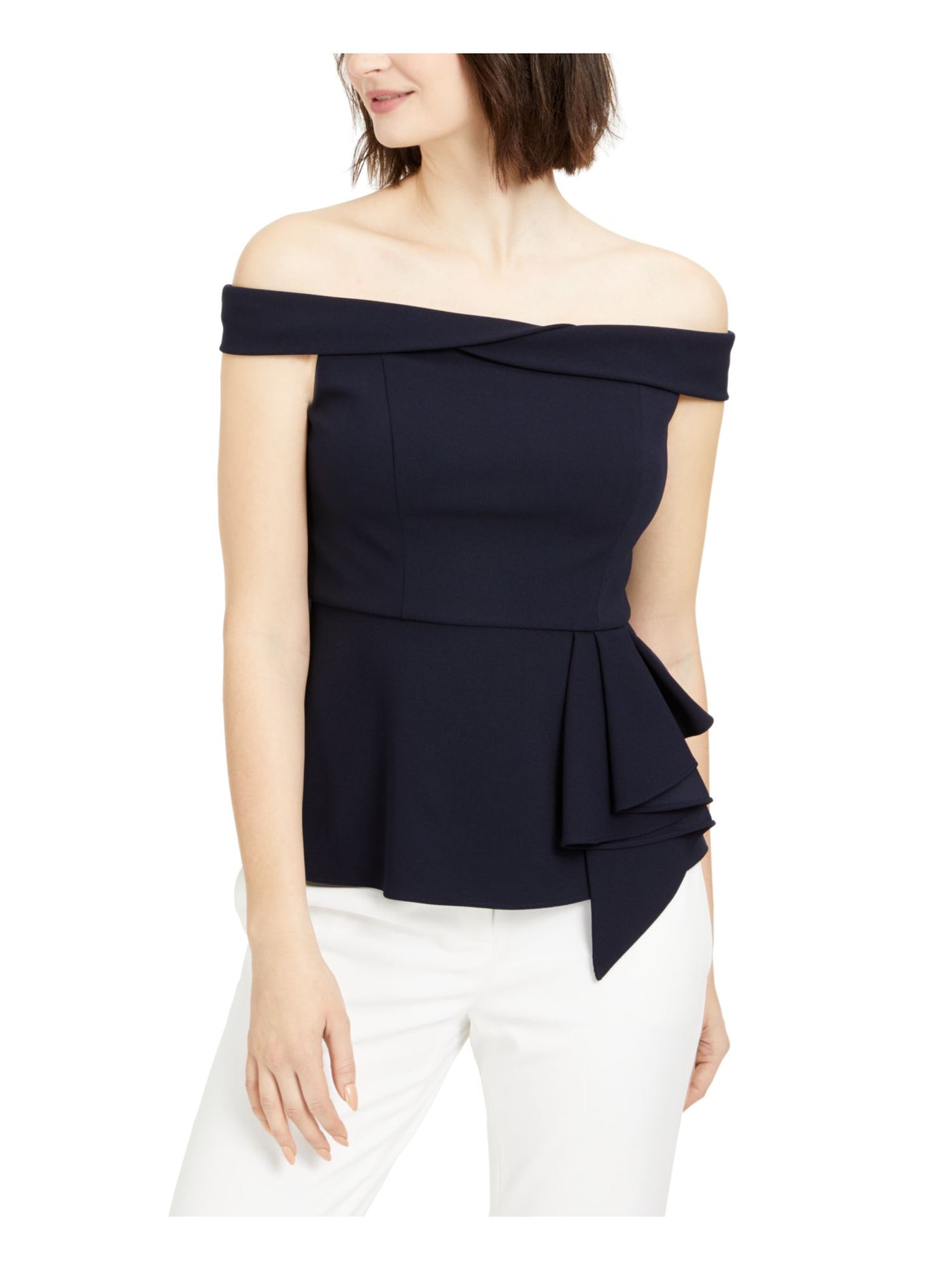 ADRIANNA PAPELL Womens Navy Ruffled Off Shoulder Evening Peplum Top 16