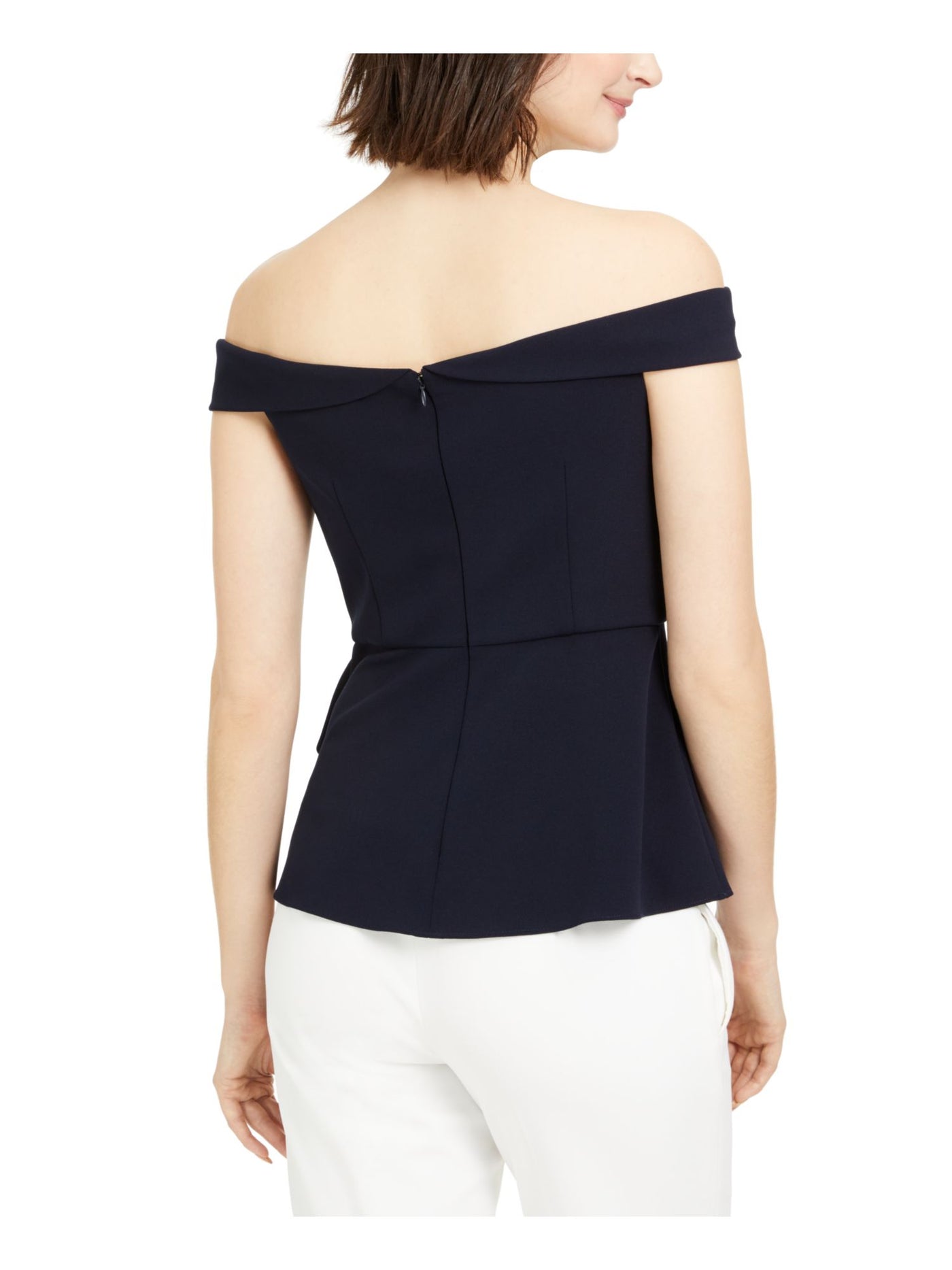 ADRIANNA PAPELL Womens Navy Ruffled Off Shoulder Evening Peplum Top 16