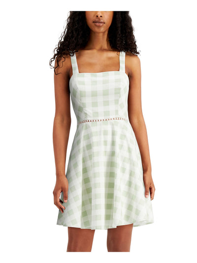 CITY STUDIO Womens Green Plaid Sleeveless Square Neck Short Fit + Flare Dress 5