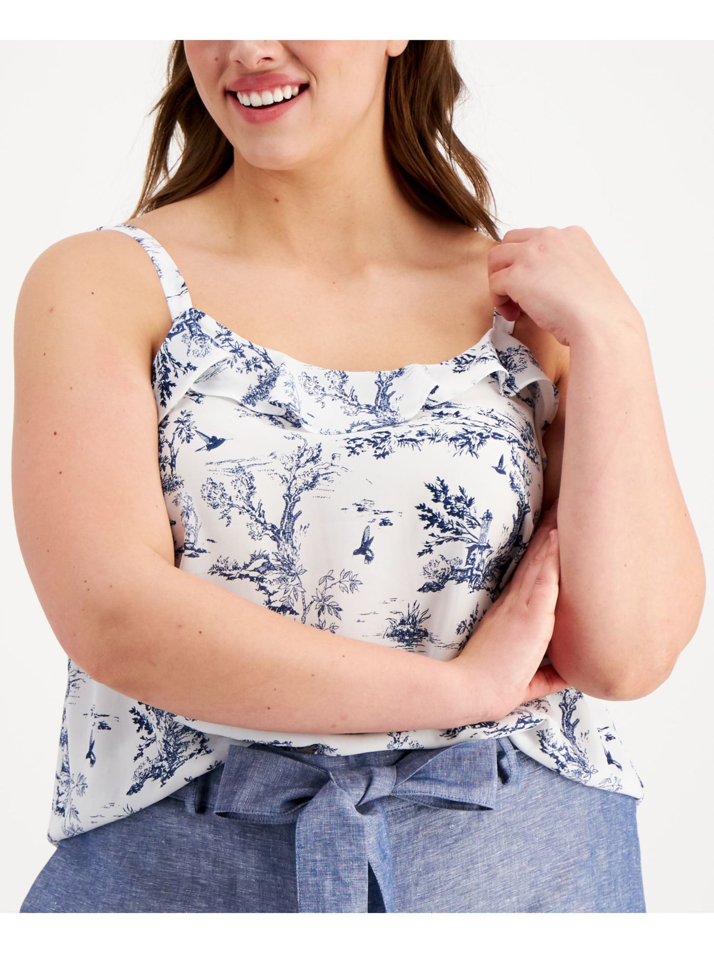 BAR III Womens Spaghetti Strap Ruffled Neckline Scoop Neck Top
