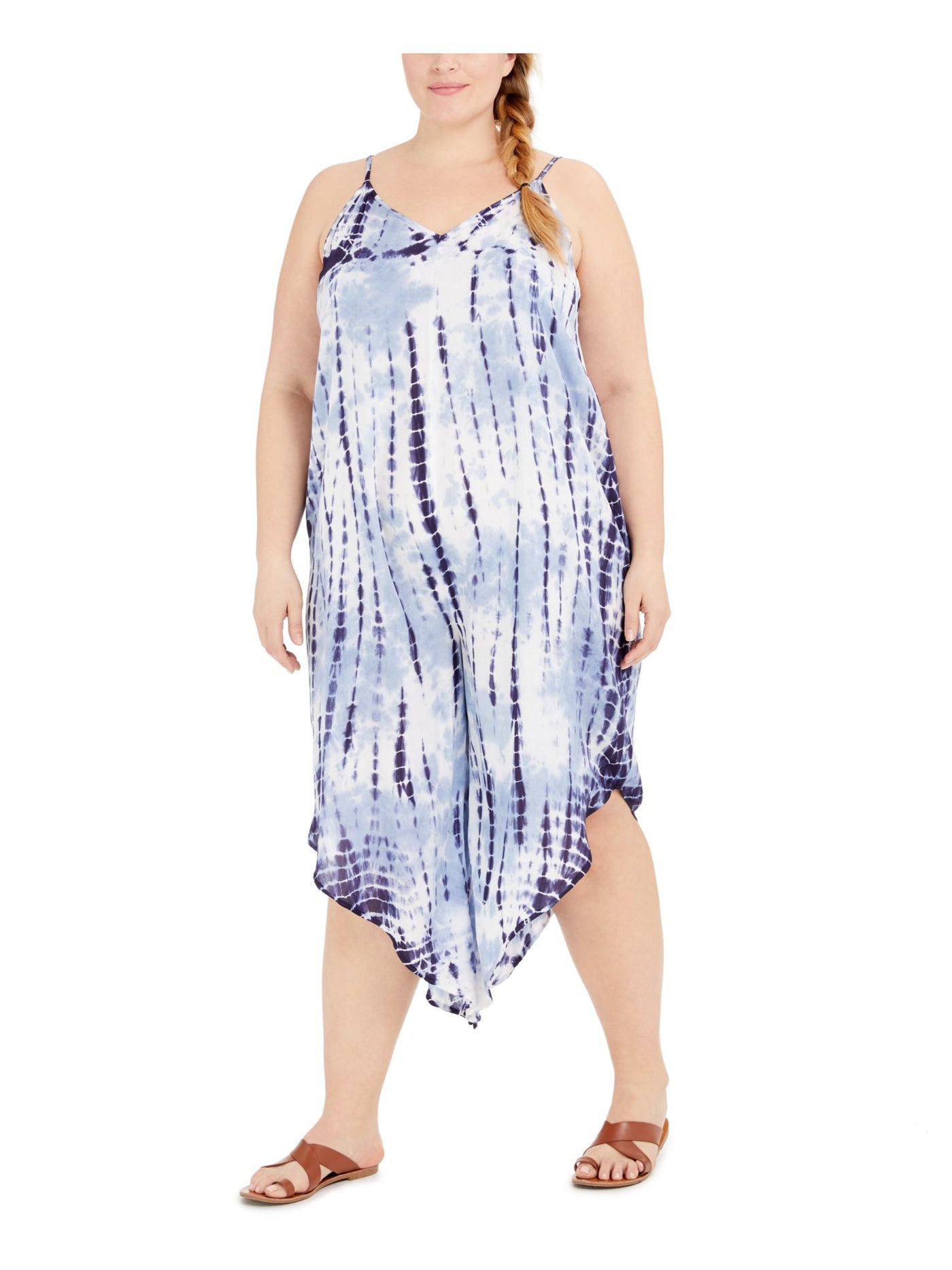 RAVIYA Women's Blue Tie Dye Jumpsuit Asymmetric Hem Adjustable Swimsuit Cover Up 2X