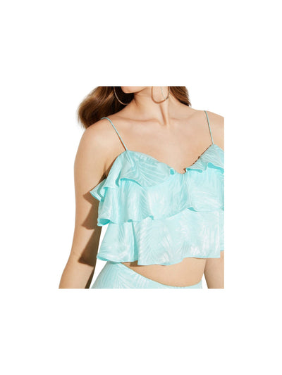 MARCIANO Womens Aqua Ruffled Satin Smocked Spaghetti Strap V Neck Crop Top M