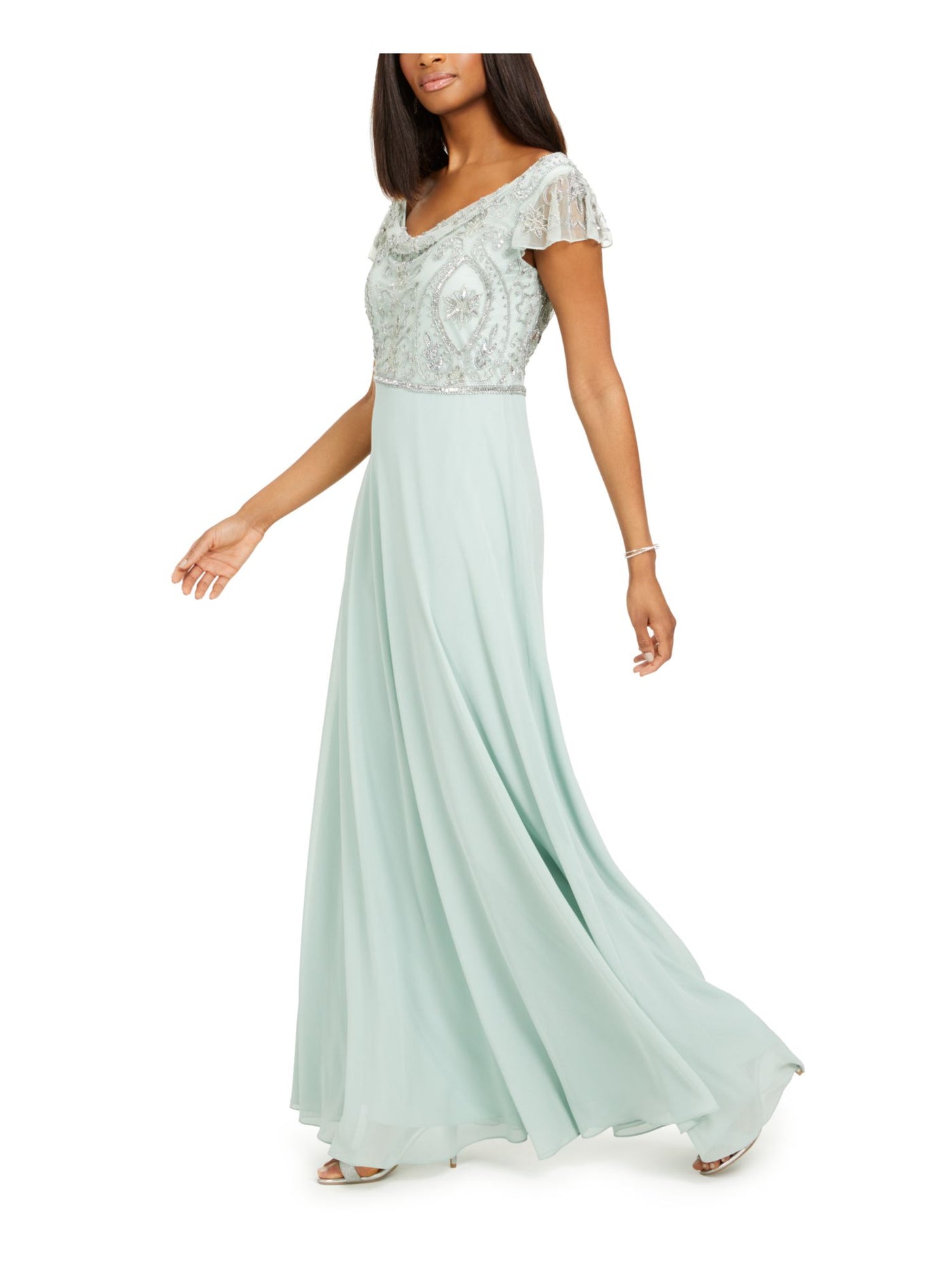 JKARA Womens Green Beaded Sheer Lined Flutter Sleeve Cowl Neck Full-Length Formal Gown Dress 6