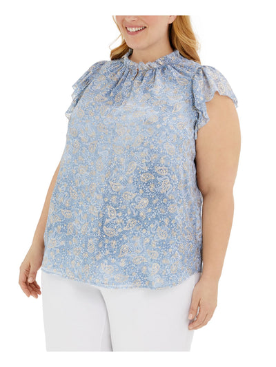 MICHAEL MICHAEL KORS Womens Light Blue Sheer Ruffled Lined Keyhole Front Paisley Flutter Sleeve Mock Neck Top Plus 4X