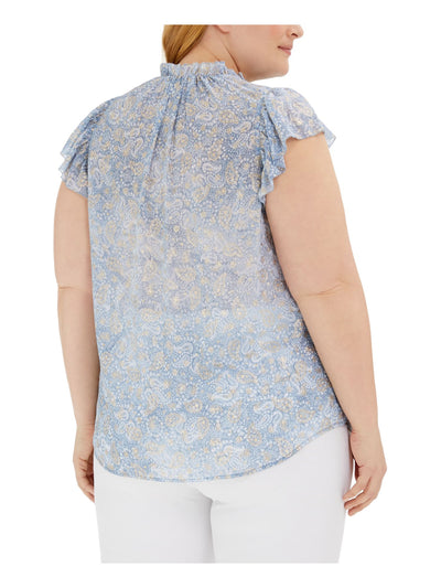 MICHAEL MICHAEL KORS Womens Light Blue Sheer Ruffled Lined Keyhole Front Paisley Flutter Sleeve Mock Neck Top Plus 4X