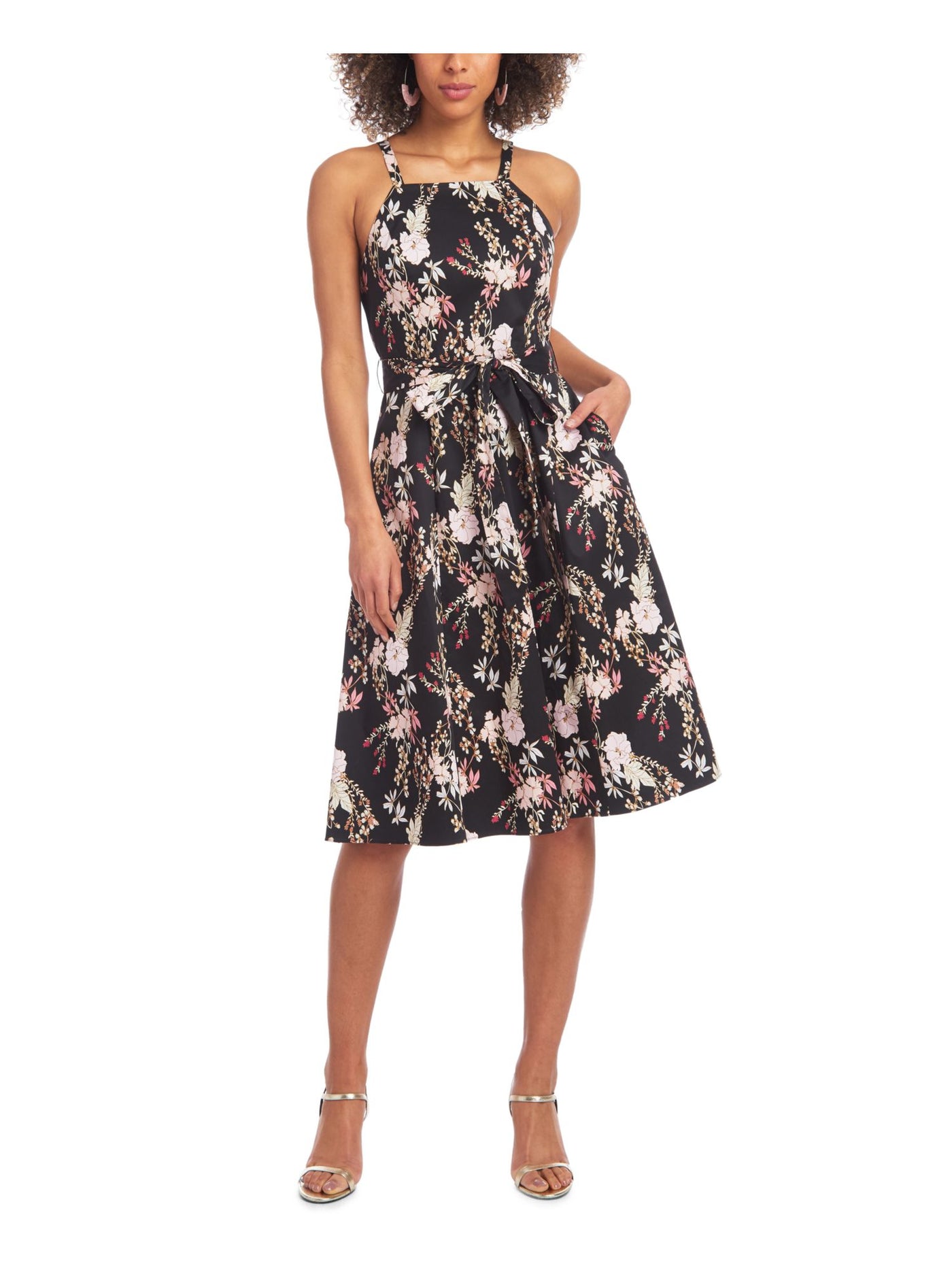 RACHEL RACHEL ROY Womens Black Pocketed Zippered Floral Spaghetti Strap Square Neck Knee Length Evening Fit + Flare Dress 2