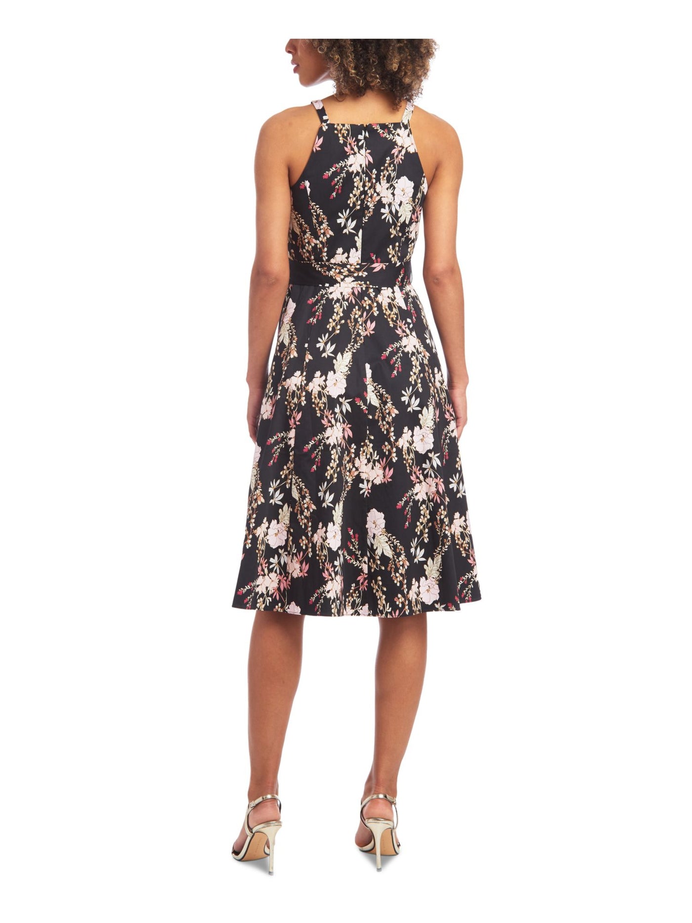 RACHEL RACHEL ROY Womens Black Pocketed Zippered Floral Spaghetti Strap Square Neck Knee Length Evening Fit + Flare Dress 2