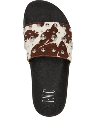 INC Womens Beige Cow Print Pool Studded Peymin Round Toe Slip On Slide Sandals Shoes 5 M