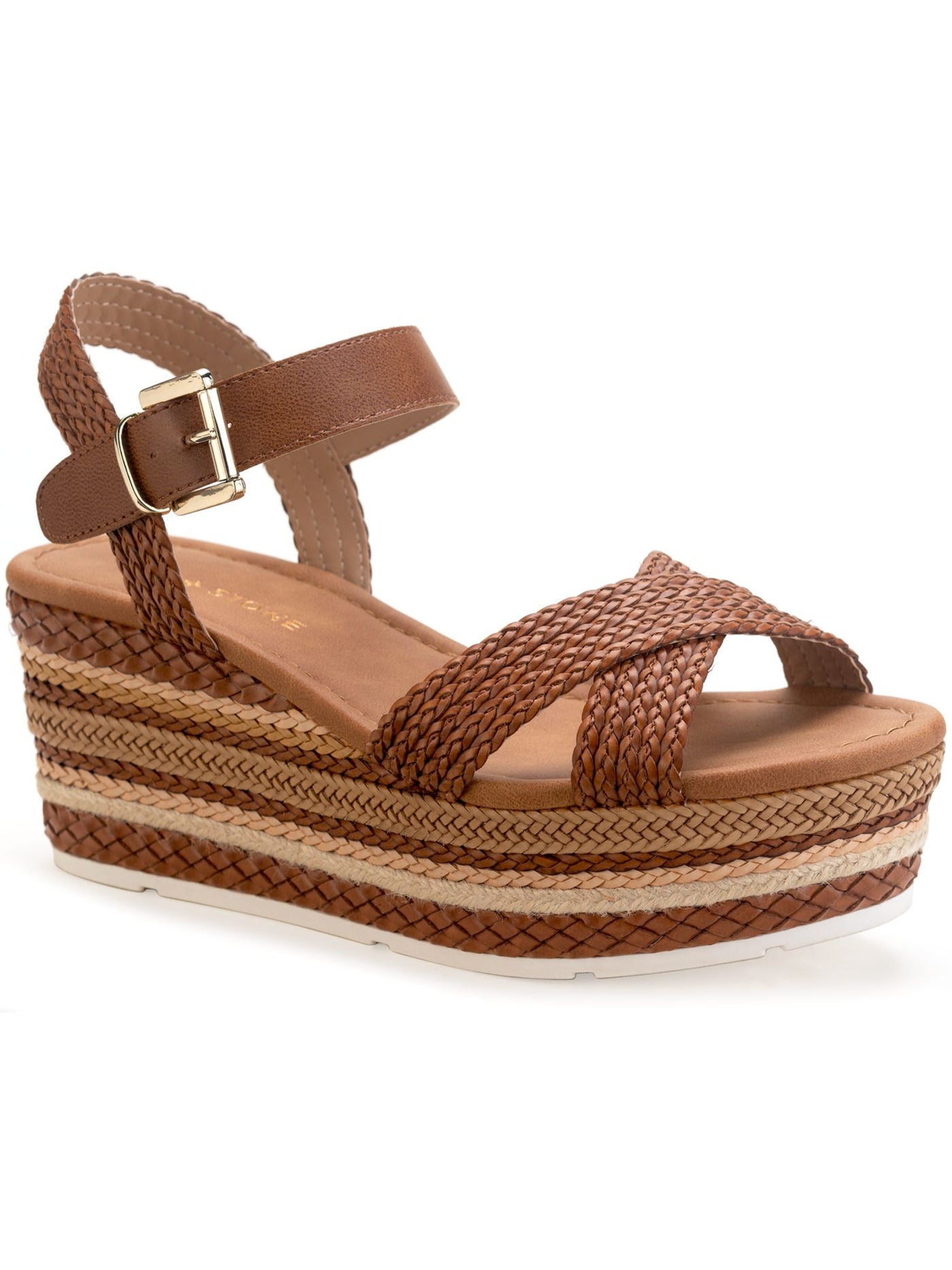 SUN STONE Womens Brown 1.5" Platform Woven Braided Cushioned Slip Resistant Callie Round Toe Wedge Buckle Slingback Sandal 9 M