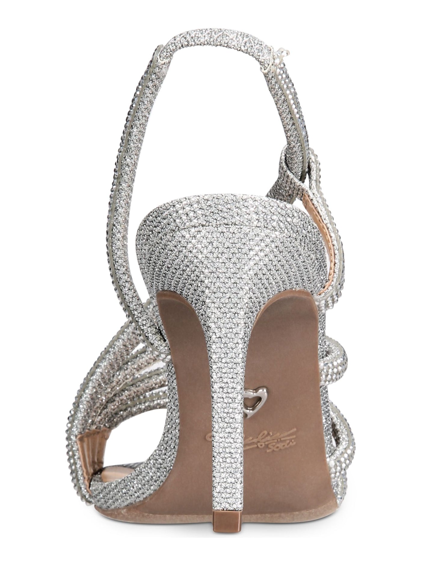 THALIA SODI Womens Silver Strappy Asymmetrical Rhinestone Darbie Round Toe Stiletto Slip On Dress Slingback Sandal 7 M