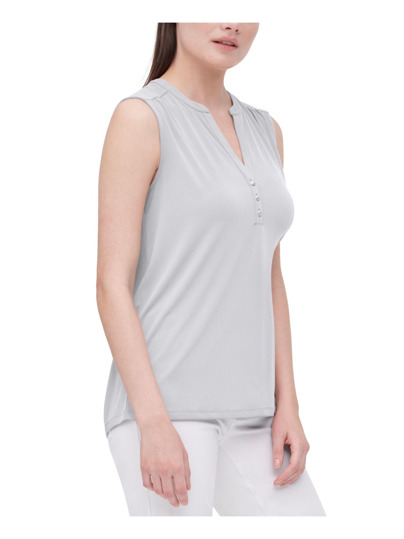 CALVIN KLEIN Womens White Stretch Gathered Quarter Placket Button Closures Sleeveless Split Top L