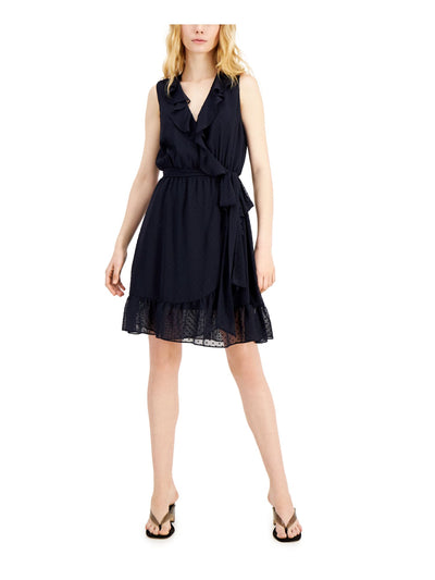 INC DRESS Womens Navy Textured Belted Sheer Ruffled Sleeveless Surplice Neckline Short Party Faux Wrap Dress 4
