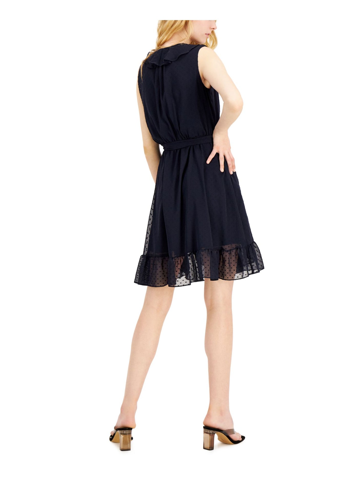 INC DRESS Womens Navy Textured Belted Sheer Ruffled Sleeveless Surplice Neckline Short Party Faux Wrap Dress 4