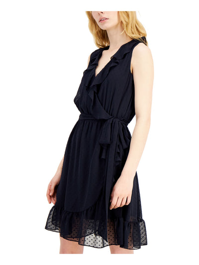 INC DRESS Womens Navy Textured Belted Sheer Ruffled Sleeveless Surplice Neckline Short Party Faux Wrap Dress 4