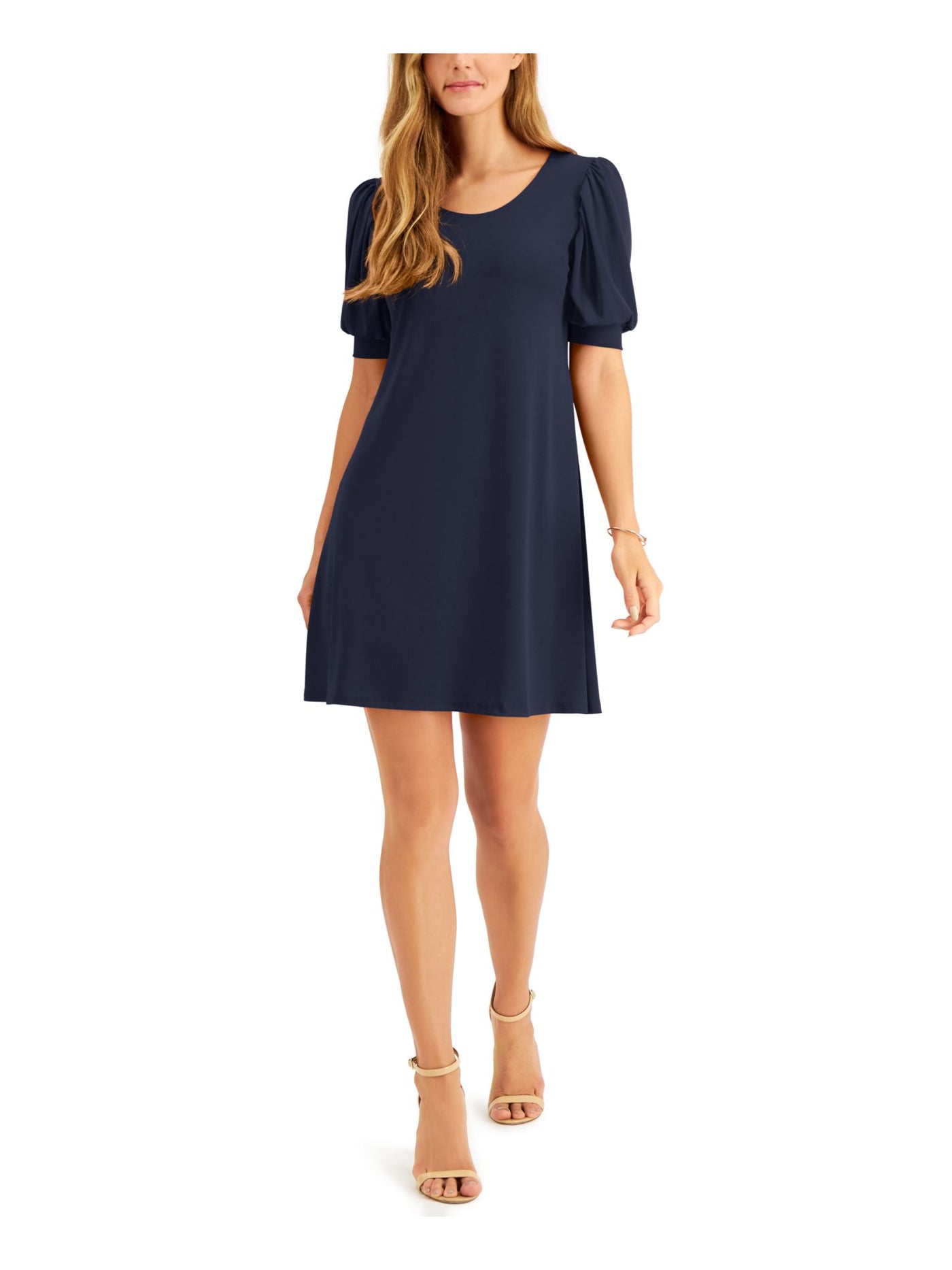 MSK PETITES Womens Navy Stretch Gathered Textured Pouf Sleeve Scoop Neck Short Party Shift Dress Petites PM