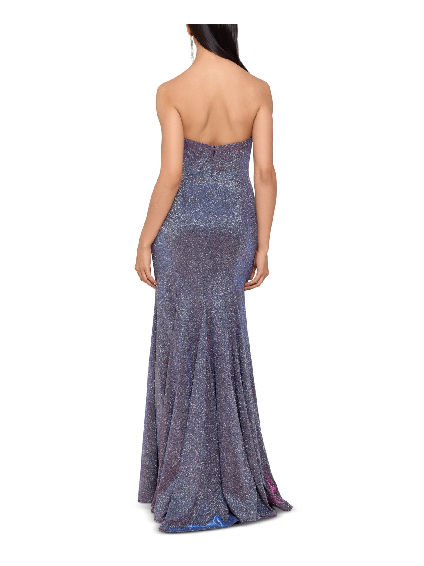 BETSY & ADAM Womens Blue Zippered Glitter Side Slit Sleeveless Asymmetrical Neckline Full-Length Formal Gown Dress 12