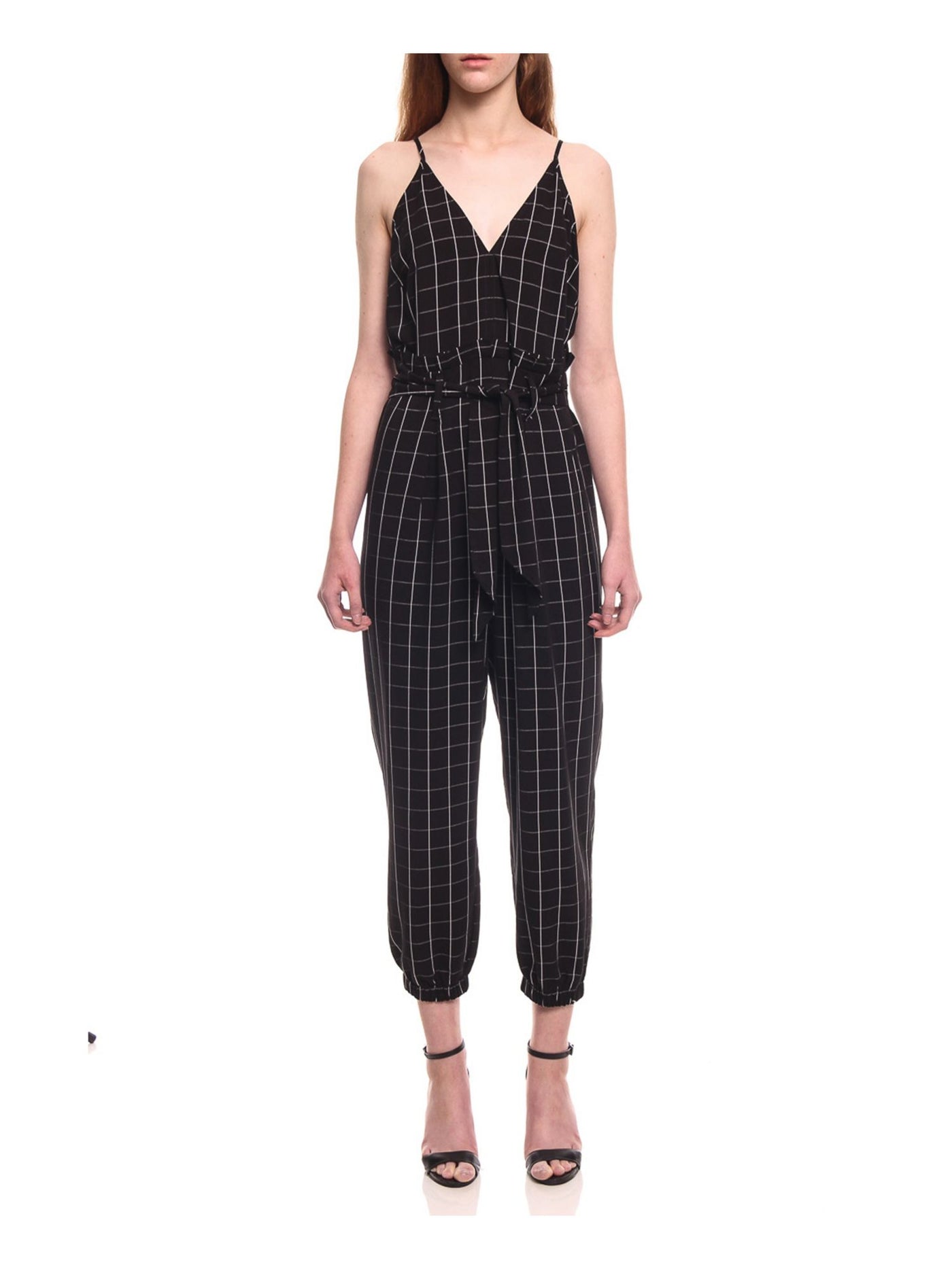 COLCCI Womens Black Plaid Spaghetti Strap V Neck Skinny Jumpsuit Size: 42