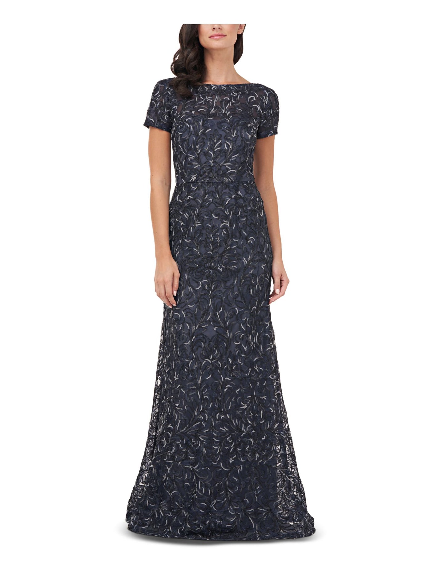 JS COLLECTION Womens Zippered Embroidered Scoop-back Short Sleeve Boat Neck Full-Length Formal Gown Dress