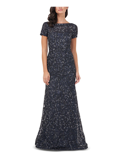 JS COLLECTION Womens Zippered Embroidered Scoop-back Short Sleeve Boat Neck Full-Length Formal Gown Dress