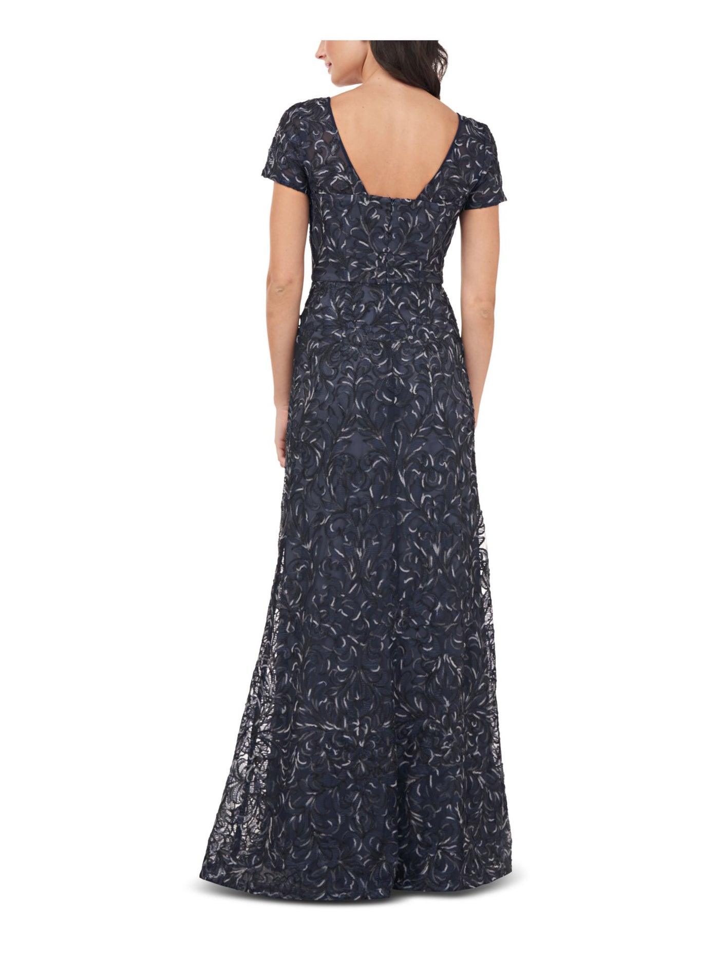 JS COLLECTION Womens Zippered Embroidered Scoop-back Short Sleeve Boat Neck Full-Length Formal Gown Dress