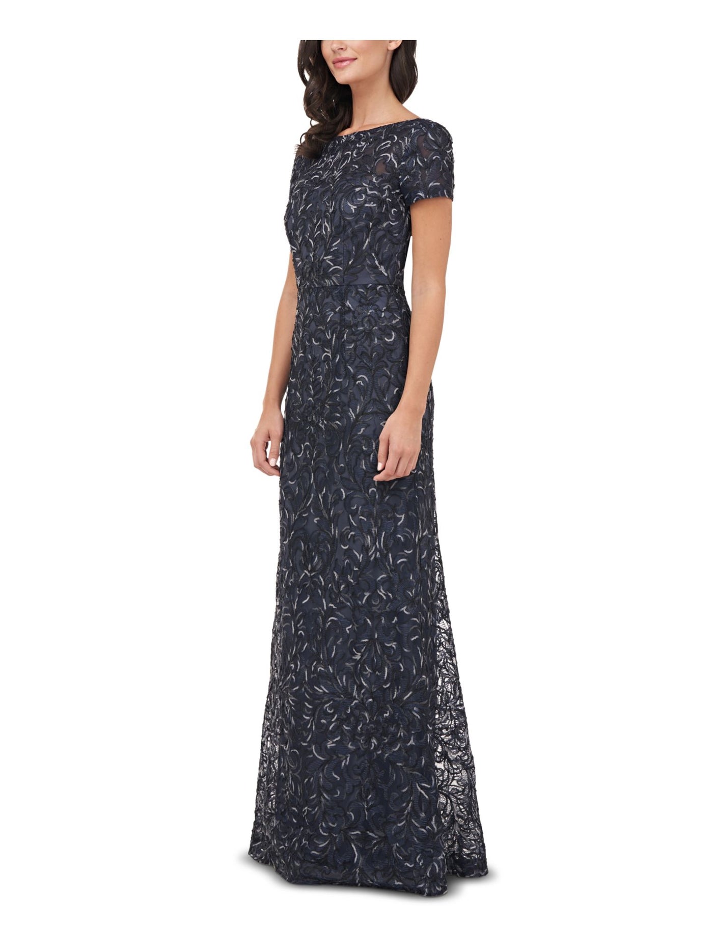 JS COLLECTION Womens Zippered Embroidered Scoop-back Short Sleeve Boat Neck Full-Length Formal Gown Dress
