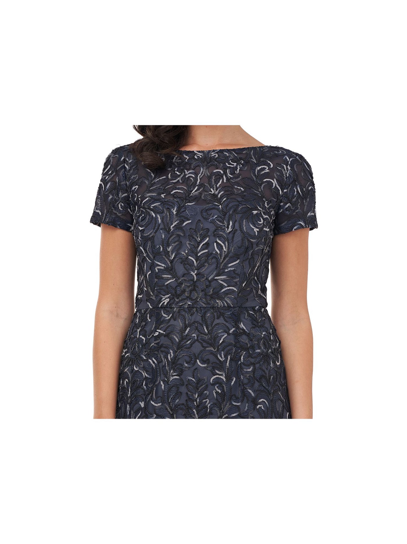 JS COLLECTION Womens Navy Zippered Embroidered Scoop-back Short Sleeve Boat Neck Full-Length Formal Gown Dress 4