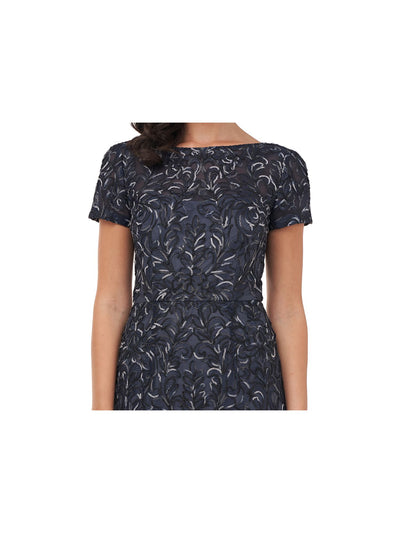 JS COLLECTION Womens Navy Zippered Embroidered Scoop-back Short Sleeve Boat Neck Full-Length Formal Gown Dress 4