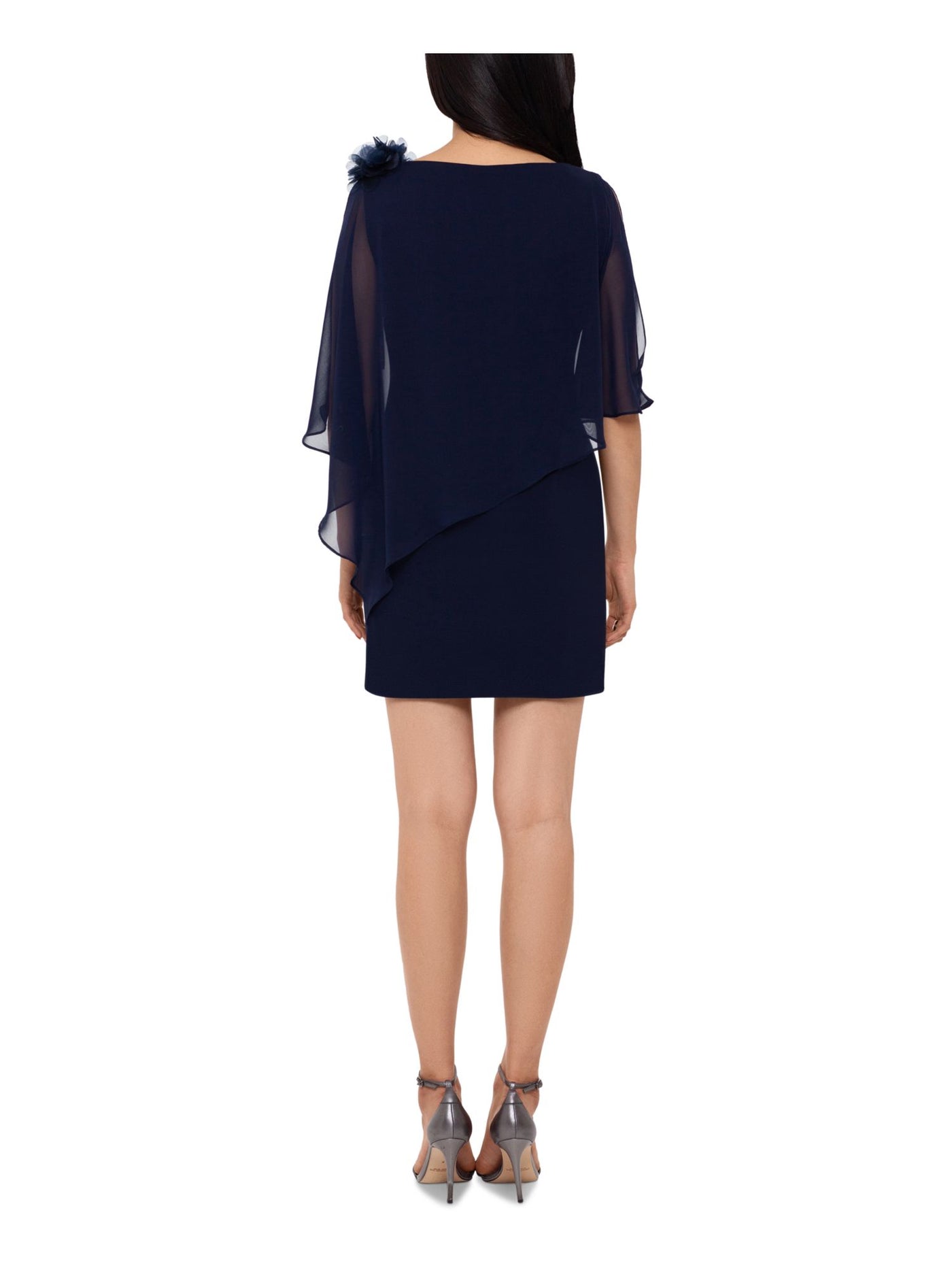 XSCAPE Womens Navy Zippered Overlay Cape Jewel Neck Mini Cocktail Shift Dress 6